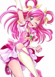 Rule 34 | 00s, 1girl, ;d, bike shorts, blush, boots, cure dream, detached sleeves, eyelashes, hair ornament, hair ribbon, hair rings, half updo, happy, highres, kneehighs, long hair, looking at viewer, magical girl, one eye closed, open mouth, pink eyes, pink hair, pink shirt, pink shorts, pink skirt, pink theme, pink vest, precure, puffy sleeves, ribbon, sharumon, shirt, shorts, shorts under skirt, simple background, skirt, smile, socks, solo, vest, white background, wrist cuffs, yes! precure 5, yes! precure 5 gogo!, yumehara nozomi