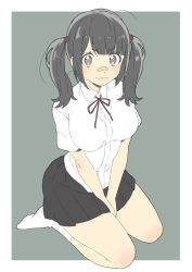 Rule 34 | 1girl, absurdres, bandaid, bandaid on face, bandaid on nose, between legs, black hair, breasts, closed mouth, collared shirt, donguri suzume, full body, green background, hair tie, hand between legs, highres, large breasts, looking at viewer, neck ribbon, original, outline, red eyes, red ribbon, ribbon, seiza, shirt, short sleeves, simple background, sitting, smile, socks, solo, twintails, white outline, white shirt, white socks, wing collar