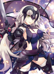Rule 34 | 1girl, alternate color, alternate costume, armor, armored dress, between breasts, breasts, chain, cleavage cutout, clothing cutout, detached sleeves, fate/grand order, fate (series), faulds, from side, fujima takuya, gauntlets, hair between eyes, headpiece, holding, holding sword, holding weapon, jeanne d&#039;arc (fate), jeanne d&#039;arc (ruler) (fate), jeanne d&#039;arc alter (avenger) (fate), jeanne d&#039;arc alter (avenger) (third ascension) (fate), jeanne d&#039;arc alter (fate), large breasts, long hair, looking at viewer, navel cutout, open mouth, outstretched arm, ruler (fate/grand order), silver hair, skindentation, skirt, smile, sword, thighs, weapon, yellow eyes