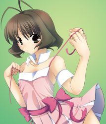 Rule 34 | 00s, 1boy, akizuki ryo, antenna hair, bad id, bad pixiv id, bare shoulders, blush, brown eyes, brown hair, crossdressing, cute &amp; girly (idolmaster), gradient background, idolmaster, idolmaster dearly stars, jewelry, kusakabe rei, male focus, mouth hold, necklace, short hair, solo, trap, undressing