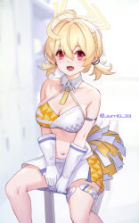 Rule 34 | 1girl, ahoge, bare shoulders, blonde hair, blue archive, breasts, cheerleader, cleavage, collar, detached collar, gloves, hair between eyes, halo, jurrig, kotori (blue archive), kotori (cheer squad) (blue archive), large breasts, looking at viewer, millennium cheerleader outfit (blue archive), miniskirt, navel, official alternate costume, open mouth, pleated skirt, pom pom (cheerleading), red eyes, short hair, short twintails, sitting, skirt, solo, thighlet, triangle halo, twintails, white collar, white gloves, white skirt, yellow halo