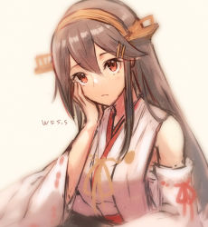 Rule 34 | 1girl, black hair, commentary request, detached sleeves, hair ornament, hairband, hairclip, hand on own face, haruna (kancolle), headgear, japanese clothes, kantai collection, long hair, looking at viewer, ribbon-trimmed sleeves, ribbon trim, simple background, solo, upper body, white background, wss (nicoseiga19993411)