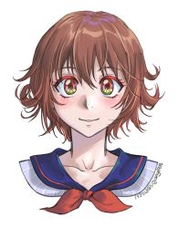 Rule 34 | 1girl, absurdres, black sailor collar, brown hair, commentary request, dated, gradient hair, highres, kantai collection, looking at viewer, multicolored hair, mutsuki (kancolle), parted lips, portrait, red eyes, red hair, sailor collar, short hair, simple background, smile, solo, sozan, twitter username, upper body, white background