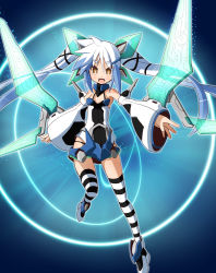 Rule 34 | 1girl, :d, blue hair, brown eyes, clear wing synchro dragon, detached sleeves, duel monster, garoudo (kadouhan&#039;i), long hair, multicolored hair, open mouth, personification, smile, solo, striped clothes, striped thighhighs, thighhighs, twintails, very long hair, white hair, yu-gi-oh!, yu-gi-oh! arc-v, zettai ryouiki