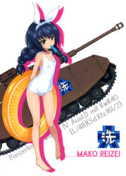 Rule 34 | 10s, 1girl, absurdres, arms behind back, barefoot, black hair, braid, breasts, brown eyes, casual one-piece swimsuit, caterpillar tracks, character name, cleavage, collarbone, covered navel, emblem, food, full body, girls und panzer, hair ornament, hair ribbon, hairband, highres, ice cream, innertube, long hair, looking at viewer, military, military vehicle, motor vehicle, mouth hold, one-piece swimsuit, ooarai (emblem), panzer iv, reizei mako, ribbon, shiny skin, simple background, small breasts, solo, standing, swim ring, swimsuit, tank, twin braids, white background, white hairband, white one-piece swimsuit, white ribbon