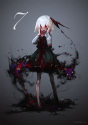 Rule 34 | 1girl, :d, blonde hair, blood, blood on clothes, blood on face, blood on hands, cinkai, darkness, gradient background, hair ribbon, highres, open mouth, red eyes, ribbon, rumia, shirt, short hair, skirt, smile, solo, touhou, vest
