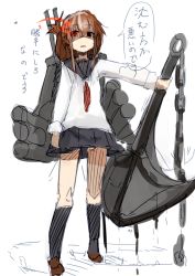 Rule 34 | 10s, 1girl, anchor, black eyes, black skirt, brown hair, chain, disgust, folded ponytail, glowing, glowing eye, heterochromia, hizakozouzu, holding, inazuma (kancolle), kantai collection, long sleeves, plasma-chan (kancolle), pleated skirt, red eyes, school uniform, serafuku, shaded face, short hair, simple background, sketch, skirt, solo, translation request, white background