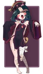 Rule 34 | 1girl, absurdres, bad id, bad pixiv id, bandaged arm, bandaged leg, bandages, barefoot, black hair, blush stickers, covered navel, detached sleeves, drooling, flat chest, full body, hat, highres, huge filesize, jewelry, jiangshi, looking at viewer, necklace, original, qingdai guanmao, revealing clothes, short hair, solo, talisman, tongue, tongue out, what a, yellow eyes