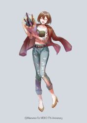 Rule 34 | 1girl, :d, ^ ^, absurdres, alcohol, bottle, brown eyes, brown hair, closed eyes, denim, earrings, high heels, highres, jacket, jacket on shoulders, jeans, jewelry, meiko (vocaloid), midriff, nobinobida, hugging object, open mouth, pants, project sekai, short hair, smile, solo, vivid bad squad meiko, vocaloid, wine bottle