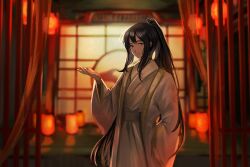 Rule 34 | 1boy, black hair, chinese clothes, closed mouth, gold trim, hand up, high ponytail, highres, hong lu (project moon), lantern, limbus company, long hair, long sleeves, looking at viewer, na-gyou (nunumaru), paper lantern, project moon, robe, sidelocks, smile, solo, very long hair, white robe, wide sleeves