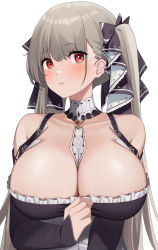 Rule 34 | 1girl, absurdres, azur lane, bare shoulders, between breasts, black bow, blush, bow, breasts, brown hair, cleavage, closed mouth, corset, detached collar, detached sleeves, formidable (azur lane), frills, hair bow, highres, large breasts, long sleeves, looking at viewer, motono (sakamotono), red eyes, simple background, sleeves past wrists, solo, twintails, underbust, upper body, white background
