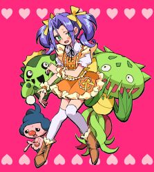 Rule 34 | 1boy, blush, cacnea, carnivine, creatures (company), crossdressing, game freak, gen 3 pokemon, gen 4 pokemon, green eyes, hair ribbon, heart, highres, james (pokemon), macchiromomomo, mime jr., nintendo, pink background, pokemon, pokemon (anime), pokemon (creature), purple hair, ribbon, short twintails, shy, trap, twintails