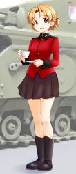 Rule 34 | 1girl, black bow, black footwear, black skirt, blue eyes, boots, bow, braid, churchill (tank), commentary, cup, emblem, epaulettes, girls und panzer, hair bow, highres, holding, holding cup, holding saucer, insignia, jacket, long sleeves, looking at viewer, military, military uniform, military vehicle, miniskirt, motor vehicle, open mouth, orange hair, orange pekoe (girls und panzer), parted bangs, pleated skirt, red jacket, sasaki akira (ugc), saucer, short hair, skirt, smile, solo, st. gloriana&#039;s (emblem), st. gloriana&#039;s military uniform, standing, tank, teacup, twin braids, uniform
