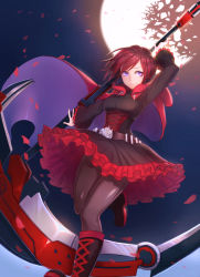 Rule 34 | 1girl, black pantyhose, dress, flower, from above, grey flower, lochris, moon, night, pantyhose, petals, rose petals, ruby rose, rwby, scythe, smile, solo, standing, standing on one leg