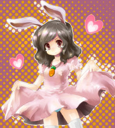 Rule 34 | 1girl, animal ears, bad id, bad pixiv id, blush, brown hair, carrot, clothes lift, dress, dress lift, female focus, halftone, halftone background, heart, inaba tewi, jewelry, owarine miku, panties, pendant, rabbit ears, red eyes, short hair, solo, tears, thighhighs, touhou, underwear