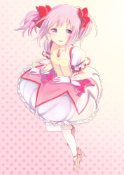 Rule 34 | 10s, aabtcndneefkg, bubble skirt, flat chest, full body, gloves, highres, kaname madoka, magical girl, mahou shoujo madoka magica, mahou shoujo madoka magica (anime), pink eyes, pink hair, short hair, skirt, solo, twintails, white legwear