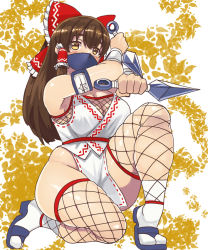 Rule 34 | 1girl, blue footwear, blush, bow, breasts, brown eyes, brown hair, cleavage, commentary request, cookie (touhou), dual wielding, fishnet thighhighs, fishnet top, fishnets, frilled bow, frilled hair tubes, frills, full body, hair bow, hair tubes, hakurei reimu, holding, kanna (cookie), kunai, large breasts, long hair, looking at viewer, mask, mo-fu, mouth mask, ninja, ninja mask, on one knee, pelvic curtain, red bow, sandals, shiny skin, sidelocks, socks, solo, tabi, thighhighs, touhou, weapon, white socks, zouri