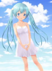Rule 34 | 1girl, aqua hair, bad id, bad pixiv id, blue eyes, blush, cloud, day, dress, hatsune miku, highres, kyak bamboo, long hair, looking at viewer, open mouth, sky, solo, twintails, vocaloid