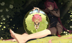 Rule 34 | barefoot, black horns, breasts, bug, cleavage, closed eyes, closed mouth, clover, feet, flower, foot focus, foreshortening, four-leaf clover, highres, horns, insect, ladybug, light rays, on grass, on ground, open mouth, original, outdoors, painting (object), pink hair, shadow, sitting, smile, soles, stone, sunlight, tassel, thigh strap, thighs, toenails, toes, yuxing yuhang