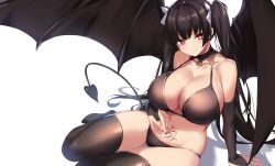 Rule 34 | 1girl, bare shoulders, bikini, black bikini, black hair, black thighhighs, blush, breasts, cleavage, demon girl, demon tail, demon wings, highres, huge breasts, long hair, looking at viewer, navel, original, pubic tattoo, red eyes, simple background, smile, spider apple, stomach tattoo, swimsuit, tail, tattoo, thighhighs, twintails, wings