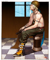 Rule 34 | 1boy, arm tattoo, beanie, belt, blonde hair, boots, border, brown footwear, brown hat, checkered floor, closed eyes, closed mouth, commentary, commentary request, dated, earbuds, earphones, english commentary, facial tattoo, full body, grey pants, gun, handgun, hat, highres, holding, holding gun, holding weapon, indoors, jewelry, limha lekan, male focus, necklace, original, pants, pistol, red belt, short hair, signature, sitting, solo, star tattoo, stool, tattoo, topless male, tribal tattoo, two-tone footwear, weapon, white border, window, yellow footwear