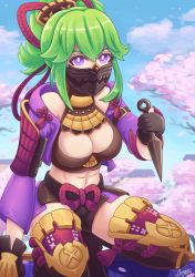 Rule 34 | abs, armor, azzypics, breasts, cherry blossoms, cleavage, cleavage cutout, clothing cutout, face mask, genshin impact, gloves, green hair, hair between eyes, hair ornament, highres, jacket, knee pads, kuki shinobu, kunai, looking at viewer, mask, purple eyes, rooftop, rope, shorts, shoulder armor, sky, weapon