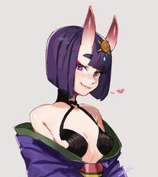 Rule 34 | 1girl, bare shoulders, blunt bangs, bob cut, breasts, eyeliner, fang, fate/grand order, fate (series), grey background, headpiece, heart, horns, japanese clothes, kimono, looking at viewer, makeup, off shoulder, oni, open clothes, open kimono, purple eyes, purple hair, purple kimono, revealing clothes, short hair, shuten douji (fate), signature, simple background, skin-covered horns, small breasts, smile, solo, upper body, zambiie