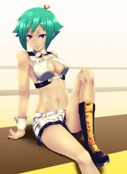 Rule 34 | 10s, 1girl, aquarion (series), aquarion evol, arm support, bad id, bad pixiv id, boots, breasts, cleavage, cleavage cutout, clothing cutout, crop top, green hair, highres, infinote, legs, looking at viewer, midriff, navel, no panties, purple eyes, short hair, shorts, sitting, solo, wrist cuffs, zessica wong