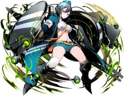 Rule 34 | 1girl, armor, armored boots, asymmetrical legwear, black footwear, blue hair, blue hat, blue shorts, boots, crop top, divine gate, garter straps, green eyes, hair between eyes, hat, highres, knee boots, looking at viewer, midriff, navel, short hair, short shorts, shorts, simple background, solo, stomach, thighhighs, ucmm, uneven legwear, white background, white thighhighs