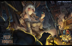 Rule 34 | 1boy, 1girl, animal ears, bag, bare shoulders, coin, dagger, detached sleeves, gem, gold, hat, holding, knife, lantern, letterboxed, long hair, pectorals, pixiv fantasia, planted, red eyes, silver hair, sitting, solo focus, tail, treasure chest, walzrj, weapon, wet, wet clothes