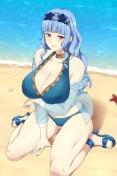Rule 34 | 1girl, bare shoulders, beach, bikini, blue bikini, blue footwear, blue hair, blue hairband, blue nails, breasts, brown eyes, choker, cleavage, collarbone, fire emblem, fire emblem: three houses, fire emblem warriors: three hopes, hairband, hand on ground, highres, jacket, large breasts, lindaroze, long hair, looking at viewer, marianne von edmund, nail polish, nintendo, outdoors, platform footwear, sand, see-through, see-through jacket, sitting, smile, solo, swimsuit, thick thighs, thighs, toes, wariza, water