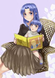 Rule 34 | 2girls, :o, artoria pendragon (all), artoria pendragon (fate), black shirt, blue eyes, blue hair, blush, book, brown skirt, child, fate/hollow ataraxia, fate/stay night, fate (series), grey sweater, highres, holding, holding book, long hair, long skirt, medea (fate), mother and daughter, multiple girls, on chair, open book, pointy ears, saber (fate), shirt, short hair, sitting, skirt, smile, sweater, yuki tarou