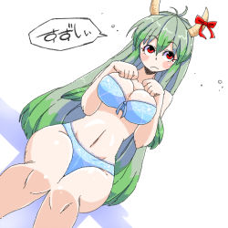 Rule 34 | 1girl, aono3, blue bra, blue panties, blush, bow, bra, breasts, cleavage, collarbone, dutch angle, ex-keine, green hair, horns, kamishirasawa keine, large breasts, long hair, navel, panties, red eyes, simple background, sitting, solo, speech bubble, touhou, underwear, underwear only, very long hair, white background