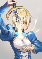 Rule 34 | 1girl, artoria pendragon (all), artoria pendragon (fate), blonde hair, breasts, cleavage, closed mouth, commentary, drawing sword, excalibur (fate/stay night), fate/stay night, fate (series), genshin impact, glowing, glowing sword, glowing weapon, green eyes, grey background, highres, holding, holding sword, holding weapon, human scabbard, long sleeves, looking at viewer, medium breasts, parody, piyo (pixiv 2308057), raiden shogun, saber (fate), sidelocks, simple background, solo, sword, upper body, weapon