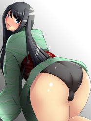 Rule 34 | 10s, 1girl, absurdres, all fours, ass, black hair, black panties, blue eyes, blush, cameltoe, from behind, highres, huge ass, imagawa yoshimoto (sengoku otome), japanese clothes, kimono, long hair, looking at viewer, looking back, open mouth, panties, sengoku otome, shiny skin, solo, underwear