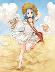 Rule 34 | 1girl, :d, arm up, armpits, bad id, bad twitter id, barefoot, beach, blue hair, blue sky, breasts, brown eyes, character name, cleavage, cloud, collarbone, day, detached sleeves, dress, fairy tail, hat, holding, leg up, levy mcgarden, long hair, nail polish, open mouth, outdoors, rusky, sandals, see-through, short dress, sky, sleeveless, sleeveless dress, small breasts, smile, solo, standing, standing on one leg, straw hat, sun hat, sundress, toenail polish, toenails, unworn sandals, white dress, yellow hat