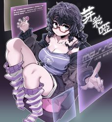 Rule 34 | 1girl, absurdres, black background, candy, character name, facing viewer, food, fukumaaya, full body, glasses, gradient background, grey background, highres, hologram, holographic interface, holographic monitor, holographic touchscreen, jimiko, lollipop, looking at viewer, loose socks, low twintails, messiah (fukumayaa), messy hair, no shoes, original, outline, purple eyes, purple hair, red-framed eyewear, science fiction, semi-rimless eyewear, short shorts, short twintails, shorts, simple background, sitting, socks, striped clothes, striped legwear, striped socks, translation request, twintails, under-rim eyewear, white outline