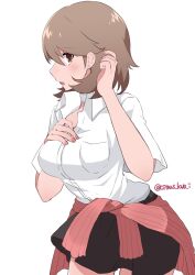 Rule 34 | 1girl, black skirt, blush, breasts, brown eyes, brown hair, cardigan, cardigan around waist, choker, clothes around waist, collared shirt, commentary request, cowboy shot, earrings, hand on own chest, hand up, haruna (citrus love i), highres, jewelry, large breasts, looking at viewer, medium hair, nail polish, official alternate costume, open mouth, persona, persona 3, pink cardigan, pink nails, pleated skirt, profile, ribbed cardigan, shirt, short sleeves, simple background, skirt, solo, stud earrings, takeba yukari, twitter username, white background, white choker, white shirt