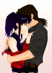 Rule 34 | 1boy, 1girl, bare shoulders, couple, hetero, hug, jacket, jewelry, kaji ryouji, katsuragi misato, necklace, neon genesis evangelion, ponytail, purple hair