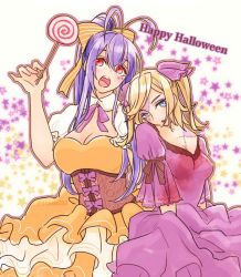 Rule 34 | 2girls, blazblue, blazblue remix heart, blonde hair, blue eyes, blue hair, blush, bow, breasts, candy, cleavage, cleavage cutout, clothing cutout, corset, dress, food, frilled dress, frills, genderswap, genderswap (mtf), hair bow, hair ribbon, halloween costume, happy halloween, head tilt, large breasts, lollipop, mai natsume, multiple girls, nunun, ponytail, red eyes, ribbon, shiori kirihito, short twintails, simple background, stitches, swirl lollipop, twintails, two side up, yellow bow, zombie