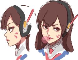 Rule 34 | 1girl, brown eyes, brown hair, blowing bubbles, chewing gum, closed mouth, d.va (overwatch), eyelashes, eyes visible through hair, eyeshadow, facial mark, grey background, headphones, highres, long eyelashes, long hair, makeup, multiple views, ooyun, overwatch, overwatch 1, parted lips, pink eyeshadow, pink lips, portrait, profile, simple background, sketch, upper body, whisker markings