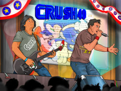 Rule 34 | 2boys, group name, banner, black hair, brown eyes, concert, crowd, crush40, dictionary, electric guitar, green eyes, group name, guitar, instrument, johnny gioeli, logo, logo parody, microphone, multiple boys, music, playing instrument, profanity, real life, rock band, senoue jun, silhouette, singing, sonic (series), sonic the hedgehog, stage, stage lights
