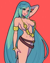 Rule 34 | 1girl, akairiot, bare shoulders, belt, belt skirt, blush, breasts, commentary, dress, english commentary, green eyes, green hair, highres, jewelry, kid icarus, kid icarus uprising, large breasts, long hair, naked belt, navel, nintendo, palutena, revealing clothes, smile, solo, stomach, thighs, tiara, underboob, very long hair