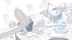Rule 34 | 1boy, amane louis, bed sheet, black skirt, blue eyes, blue hair, blue ribbon, broken, bust (sculpture), commentary request, dutch angle, ear piercing, expressionless, foot out of frame, from side, hair spread out, hand on forehead, highres, holding, holding own hair, knee up, long hair, looking at viewer, looking to the side, low twintails, lying, male focus, marble (stone), mi8pq, navel, neck ribbon, on back, paint splatter, parted lips, partially unbuttoned, piercing, pleated skirt, purple eyes, ribbon, shirt, short sleeves, skirt, socks, solo, stomach, trap, twintails, utau, white background, white shirt, white socks