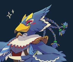 Rule 34 | 1boy, bird boy, blue background, braid, closed mouth, furry, furry male, green eyes, looking at viewer, male focus, nintendo, revali, scarf, simple background, slit pupils, solo, sparkle, the legend of zelda, the legend of zelda: breath of the wild, ukata, upper body, white scarf