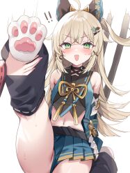 Rule 34 | !, !!, 1girl, animal ears, bare shoulders, black choker, bow, brown bow, brown tank top, cat ears, cat feet, cat girl, cat tail, choker, coat, collared vest, crop top, detached sleeves, double-parted bangs, genshin impact, green eyes, hair ornament, hairclip, highres, kirara (genshin impact), long hair, long sleeves, looking at viewer, multiple tails, nekomata, open mouth, shu bii, sleeveless, sleeveless coat, tail, tank top, two tails, vest, yae miko