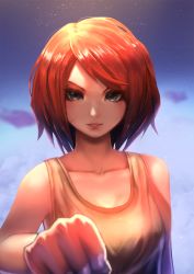 Rule 34 | 1girl, boiling bolt, breasts, clenched hand, commentary, ctiahao, english commentary, fist bump, green eyes, highres, june (boiling bolt), looking at viewer, medium breasts, pov, red hair, short hair, solo, tank top
