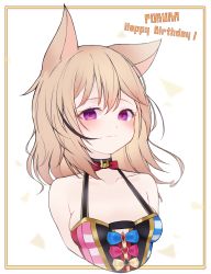 Rule 34 | 1girl, absurdres, animal ears, bare shoulders, black hair, blonde hair, blush, breasts, chessy, closed mouth, dress, fox ears, halter dress, halterneck, happy birthday, highres, hololive, looking at viewer, multicolored hair, omaru polka, omaru polka (1st costume), purple eyes, simple background, small breasts, solo, streaked hair, upper body, virtual youtuber