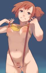 Rule 34 | 1girl, aqua eyes, asymmetrical hair, bar censor, bare arms, bare shoulders, blouse, breasts, censored, cowboy shot, creatures (company), curvy, game freak, green eyes, highres, looking at viewer, medium breasts, misty (pokemon), navel, niko (toitoi210), nintendo, nipples, orange hair, pee, peeing, petite, poke ball, pokemon, pokemon (anime), pokemon (classic anime), ponytail, presenting, pussy, shirt, short hair, short ponytail, side ponytail, simple background, sleeveless, smile, solo, standing, suspenders, tank top, thighs, yellow shirt
