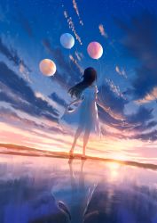 Rule 34 | 1girl, balloon, black hair, dress, from behind, highres, outdoors, reflection, scenery, see-through, see-through dress, sky, sunrise, walking
